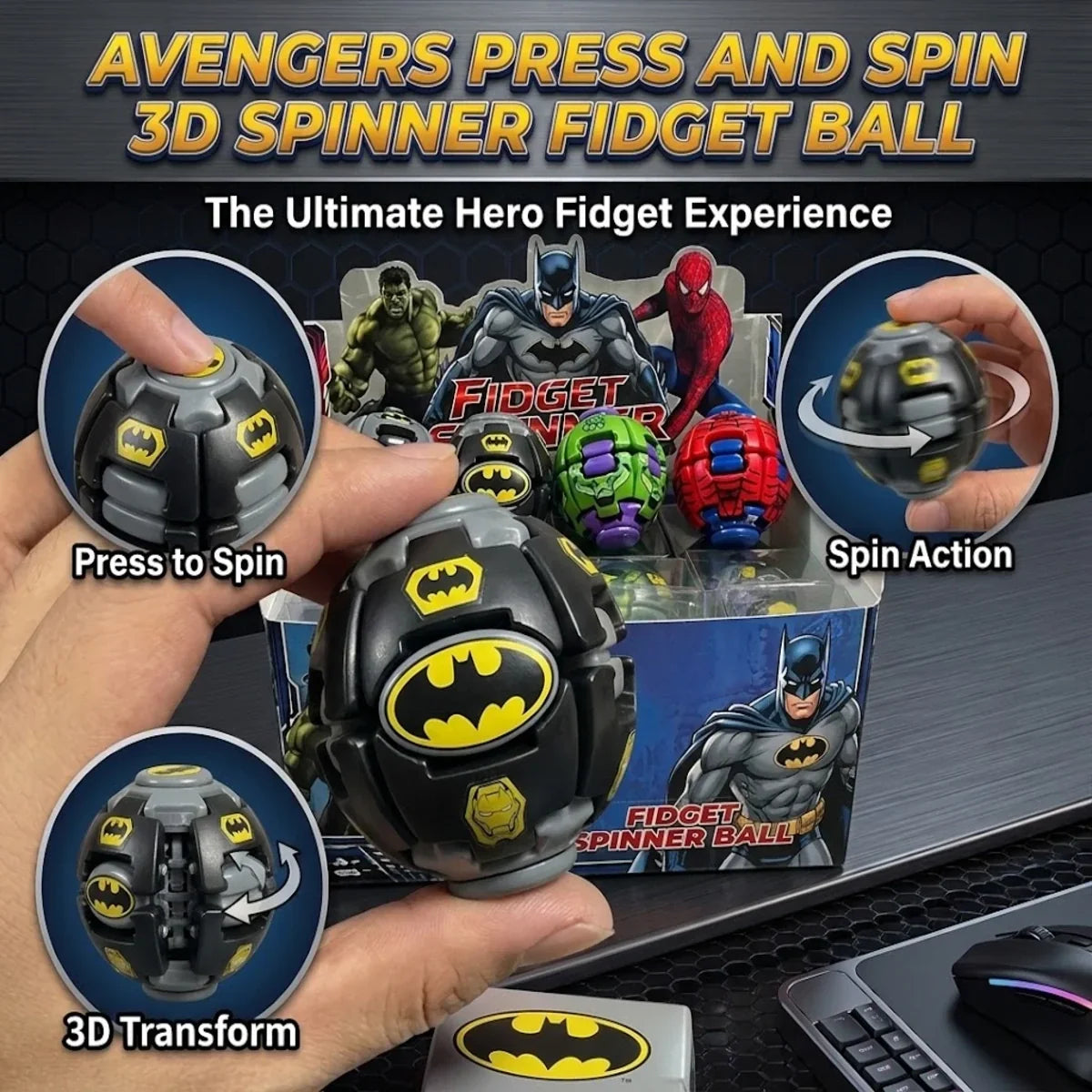 Avengers Press & Spin 3D Spinner Fidget Ball (Random Character | 0105) - Pack Of 2